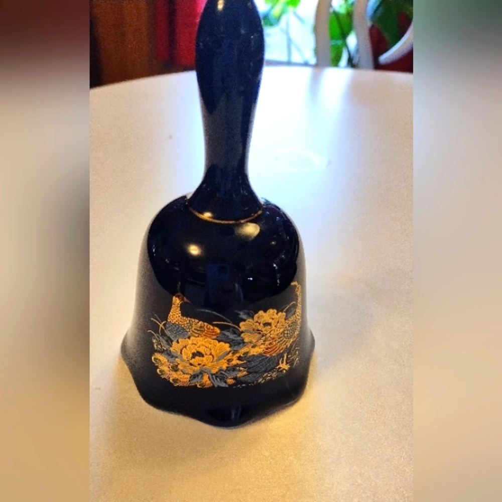 vintage Cobalt Blue porcelain Peacock Bell oriental peonies gold leaf Japan made